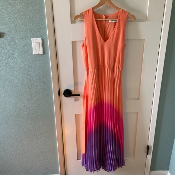 Taylor Pleated Sunset Orange Ombre Maxi Wedding Guest Dress Size Small - Picture 2 of 11